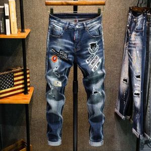 2021 outono nova moda marca na moda elástico fino ajuste pintado à mão impressão buraco quebrado meados de cintura jeans para homem