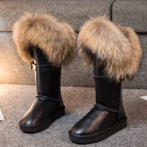 Сапоги 2023 Extralarge Fox Hair Boots Natural Fox Furs Casual Winter Snizer Boots Женщины настоящая корова, кожаная кожа теплые туфли черные коричневые