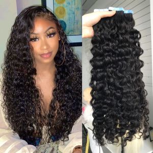 Extensions Water Wave Tape in Human Hair Extensions Wet and Wavy Curly Hair Bundles Adhesive Invisible Tape Hair Waterproof 12"26" inches