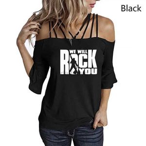 Women's T-Shirt We will rock your womens summer T-shirt Queen Rock Band short sleeved rock summer shawl and shoulder strap 240322