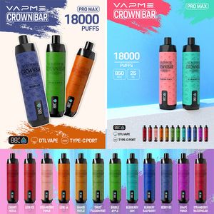 Alta qualità VAPME CROWN BAR 18000 sbuffi Vape usa e getta 12 colori 650mAh Batteria Vape con bobina a rete Batteria ricaricabile 2% 5% 18K Sigarette usa e getta VS ALFAKHER