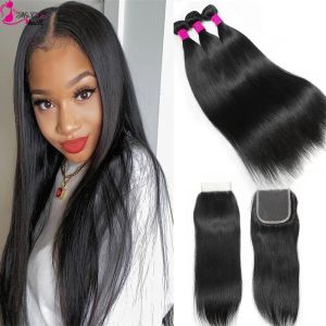 Zamknij MS Cat Hair Peruvian Prosty Fair Bundle z zamknięciem 3 Remy Włosy splot 4 szt./LOT ludzkie Włosy Zamknięcie