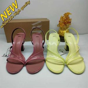 Cheap Store 90% Off Wholesale Za 2024 Summer Womens Shoes Round Toe One Piece High Heel Sandals with Back Strap Candy Color Thick Heels