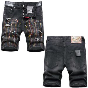 Street Trend Distressed Patch Denim for Men's Black Splashed Ink Five Point Trendy Brand Personalized Youth Shorts