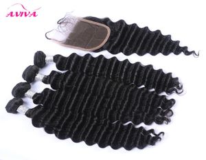 5st Lot Peruansk Deep Wave Curly Virgin Hair med stängning av topp spetsstängning med 4 buntar obearbetade peruanska djupa lockiga mänskliga H3679559