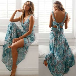 Frauen Sexy Rückenfreies Kleid Sommer Böhmischen Blumendruck Lange Kleider Femal V-ausschnitt Vestidos Plus Größe Dame Freizeitkleidung 240306