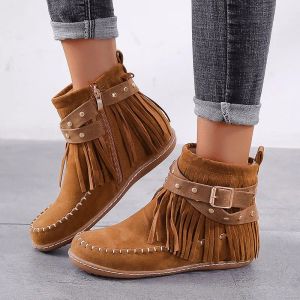 Boots Ankle Boots Women's Flat Shoes Fringed Gothic Female Sneakers Woman Cowgirl Luxury Elegant Belt Rivet Plus Size 43 Socofy