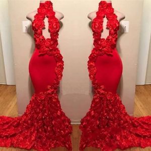 Rose Mermaid Red Prom New Sexy High Neck Appliques Formal Evening Dresses Sweep Train Party Gowns