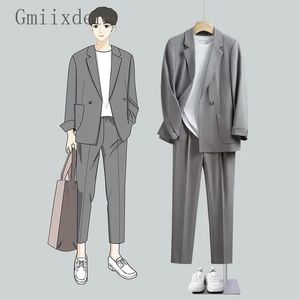 GMIIXDERカジュアルブレザースーツ男性のためのゆるいハンサムな若い成熟したストリートウェアエレガントな2つのボタンコートズボンスーツシングルピース240315