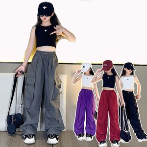 2024 Summer Old Big Teenager Set Girls Girls Crop Gret and Cargo Pants for Teenage Girls Abbigliamento 2 pezzi per bambini vestiti ragazze