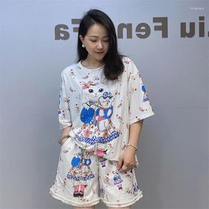 Women's Tracksuits Fashion Diamonds Cartoon Printed Short Sets Women Summer Clothes Loose Tracksuit Casual Knitting Two Piece Womens