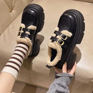 Dress Shoes Winter Women's Short Plush Mary Jane Fashion Round Toe Chunky Heel Platform Lolita For Women Ladies Pumps