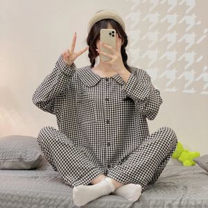Plus size pijama mujer cereja impressão pijamas conjunto de manga longa toppants plissado homewear pele-friendly respirável 240313