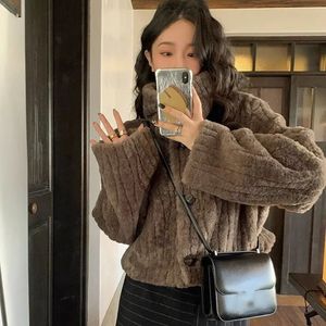 Rimocy Fashion Stand Collar Fleece Coat for Women Coffee Long Sleeve Lambswool Jacket Woman 2024 Winter Short Fur Outwear Female 240311