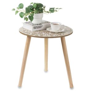 Hanobe Side Small Circle: Café Sala de estar Estilo Boêmio Branco e Marrom Quarto Mesa de Cabeceira Decoração de Casa de Fazenda com 3 Pernas de Madeira Fácil de Montar