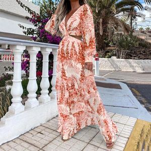 Casual Dresses Women Summer Dress Low Cut Long Sleeve Backless Maxi Resort Style Floral Print Hollow Waist Women'S Clothing