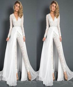 White Jumpsuits Prom Dresses Lace Deep V Neck Detachable Train Evening Party Gowns Cheap Long Sleeve Beach Special Occasion Pants 3360114