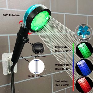 Nuovi nuovi colori Led Fan Turbo Elica Risparmio idrico ad alta pressione One Key Stop Soffione doccia filtrato Accessori per il bagno