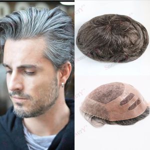 Toupees Durable Strong Breathable Mono NPU Bond Human Hair Piece Men's Toupee Natural Hairline Gray Hair Prosthesis 8x10Inch System Unit