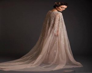 Luxury Sparkling Beadeding Evening Dresses Cap Sleeve Crew Sequins Tulle Lady Party Gowns Fashion Prom Dress with Cape Custom Made9466346