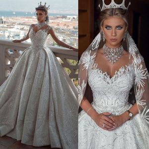 Luxuriöse Ballkleid-Hochzeitskleider mit Perlenstickerei, moderne V-Ausschnitt, Pailletten-Spitze-Brautkleider in Übergröße, bodenlang, Robe De Mariee