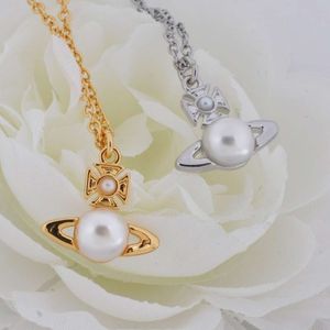 ネックレスデザイナーViviennes Westwoods Luxury Hip Hop Jewlery High Quality Empress Balbina Half Face Pearl Little Saturn Necklace Planet Necklace High Edition