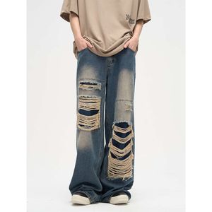 Owaro's Store, American Street Patch with Distressed Design, Niche Jeans, Men's Instagram Trendy Loose Straight Leg Pants