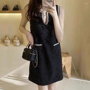 Partykleider Vintage Elegantes Tweedkleid Frauen Sommer Ärmeltasche Mini Sexy Schwarz Weiß Vesitdos