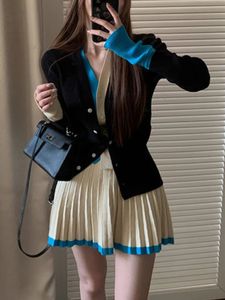 Estilo preppy doce 2 peça conjunto feminino cor contraste elegante saia de malha terno feminino coreano moda casual chique inverno 240309