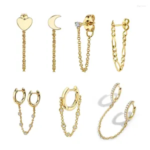 Stud Earrings 1pc 2024 Ear Hole Piercing For Women Moon Heart Chain CZ Crystal Double Circle Huggies Jewelry