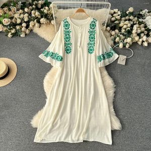 Party Dresses Bohemian For Women O Neck Flare Sleeve Embroidery Dress Ethnic Style A-line Loose Holiday Beach Vestidos Spring Dropship