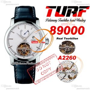 Patrimony Traditionnelle 89000 Real Tourbillon Handaufzug Herrenuhr TURF Power Reserve Stahlgehäuse Graues Zifferblatt Schwarzes Leder Super Edition Puretime Hombre PTVC