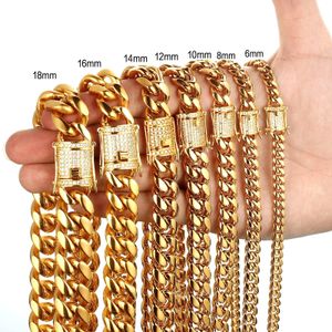 Ankomst 8mm-12mm rostfritt stål Miami Curb Cuban Chain Armband Halsband för kvinnor Män smycken som kastar kristalllås 240229