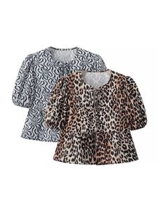 여자 티셔츠 트래프 y2k 달콤한 활 인쇄 여자 셔츠 2024 여름 중공 푹신한 소매 매우 얇은 짧은 슬리브 여자 탑 240322