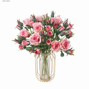 Faux Floral Greenery 5 Head Korean Rose Bukiety sztuczne kwiaty Zielone rośliny Fałszne róże Dekoracja domu Flores Artificials Y240322