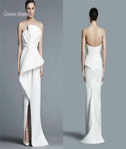 Strapless White Satin Sheath Party Gown Prom Dress with Pleats Middle Split Women Formal Evening Dresses9242058