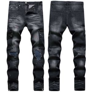Men's Knee Ripped Jeans, Elastic High Street Trendy Spray Paint Pants, Slim Fit Motorcycle Pleated Small Leg Long Pants
