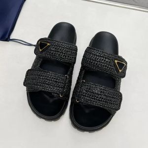 Kadın tasarımcı lüks marka ayakkabıları slayt tığ işi slaytlar siyah dokuma platform sandaletler saman terlikleri yaz iki kayış düz konfor katırları plaj havuzu