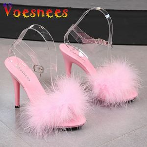 Decorazione di piume Sandali da donna in PVC Sandali con cinturino alla caviglia in cristallo trasparente Scarpe super sottili Scarpe da sposa da fata 240318