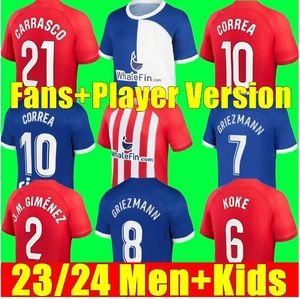 2023 2024 2025 Atletico Madrids Jerseys de futebol Griezmann 23 24 25 M.Llorente Koke Saul Correa Lemar Futebol Camisa Men Kit Sets Uniforms