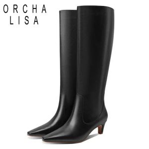 Stiefel Orcha Lisa Neue große Größe 43 Kniestiefel Knight Long 5,5 cm kleine dünne Absatz ziehen auf weitem Bein spitzer Zehenschuhe Herbst Winter