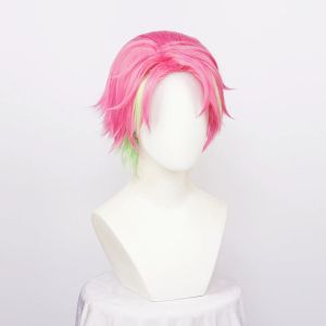 Perucas Kanroji Mitsuri Cosplay Sintético Rosa Verde Misturado Cabelo Curto Festa de Halloween + Boné Peruca Grátis