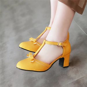 Pompe Ymechic 2019 Fashion Lolita Block High Tacco Pompe Donne Scarpe Giallo Blu Carino Cucciole Bowtie Destate Scarpe Donna Plus Taglia 43