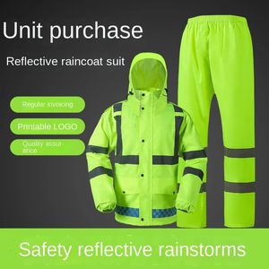 Reflective Raincoat Rainpants Set Traffic Health Patrol Outdoor Mountaineering Split Safety Waterproof Cloak Rain Gear Raincoat 240307