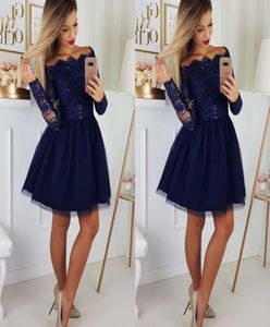 Off the Shoulder Short Party Dresses With Long Sleeve Sequin Applique Draped Prom Dress Cocktail Homecoming Dress Billiga Navy Blue 3437784