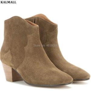 أحذية Kalmall من جلد الغزال أحذية الكاحل نساء Western Street Block الكعوب الرمز البريدي Martin Booties Celebrity Vintage Boots Women Winter Snow Boots