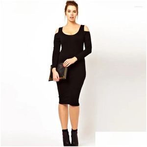 زائد الفساتين الحجم قبالة Shoder y Bodycon Dress Women Long Sleeve Solid Black Elegant Fashion Midi Pencil Party 6XL Drop Dropress Otiej