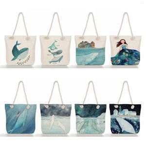 Bolsa de cordão de alta capacidade eco amigável saco de praia de linho bonito menina baleia mar série tote dos desenhos animados corda grossa ombro feminino