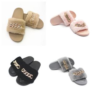 New wholesale in stock Autumn Winter Chain Diamond Plush Slippers Indoor and Outdoor Plush Flat Bottom Warm Slippers GAI fur chains Fluffy Fur Metal cute 36-41