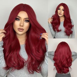 Peruker Henry Margu Long Dark Red Synthetic Wig Natural Wavy Hair Cosplay Wigs For Women Halloween Daily Fake Hair Heat Resistant Fiber